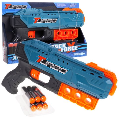 Pistolet TURBO dla dzieci 8+ Niebieski + 6 bezpiecznych Pocisków + Mechanizm ręczny Pistolet TURBO dla dzieci 8+ Niebieski + 6 bezpiecznych Pocisków + Mechanizm ręczny