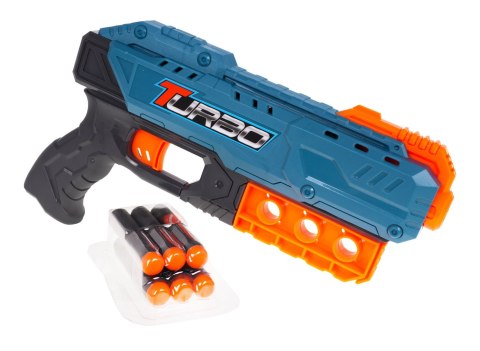 Pistolet TURBO dla dzieci 8+ Niebieski + 6 bezpiecznych Pocisków + Mechanizm ręczny Pistolet TURBO dla dzieci 8+ Niebieski + 6 bezpiecznych Pocisków + Mechanizm ręczny