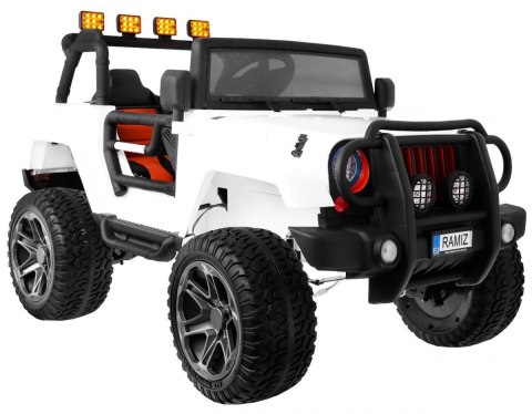 Auto terenowe typu jeep Monster 4x4 dla dzieci Biały + Pilot + Regulacja siedzenia + Wolny Start + MP3 LED + Bagażnik + Plecak Auto terenowe typu jeep Monster 4x4 dla dzieci Biały + Pilot + Regulacja siedzenia + Wolny Start + MP3 LED + Bagażnik + Plecak